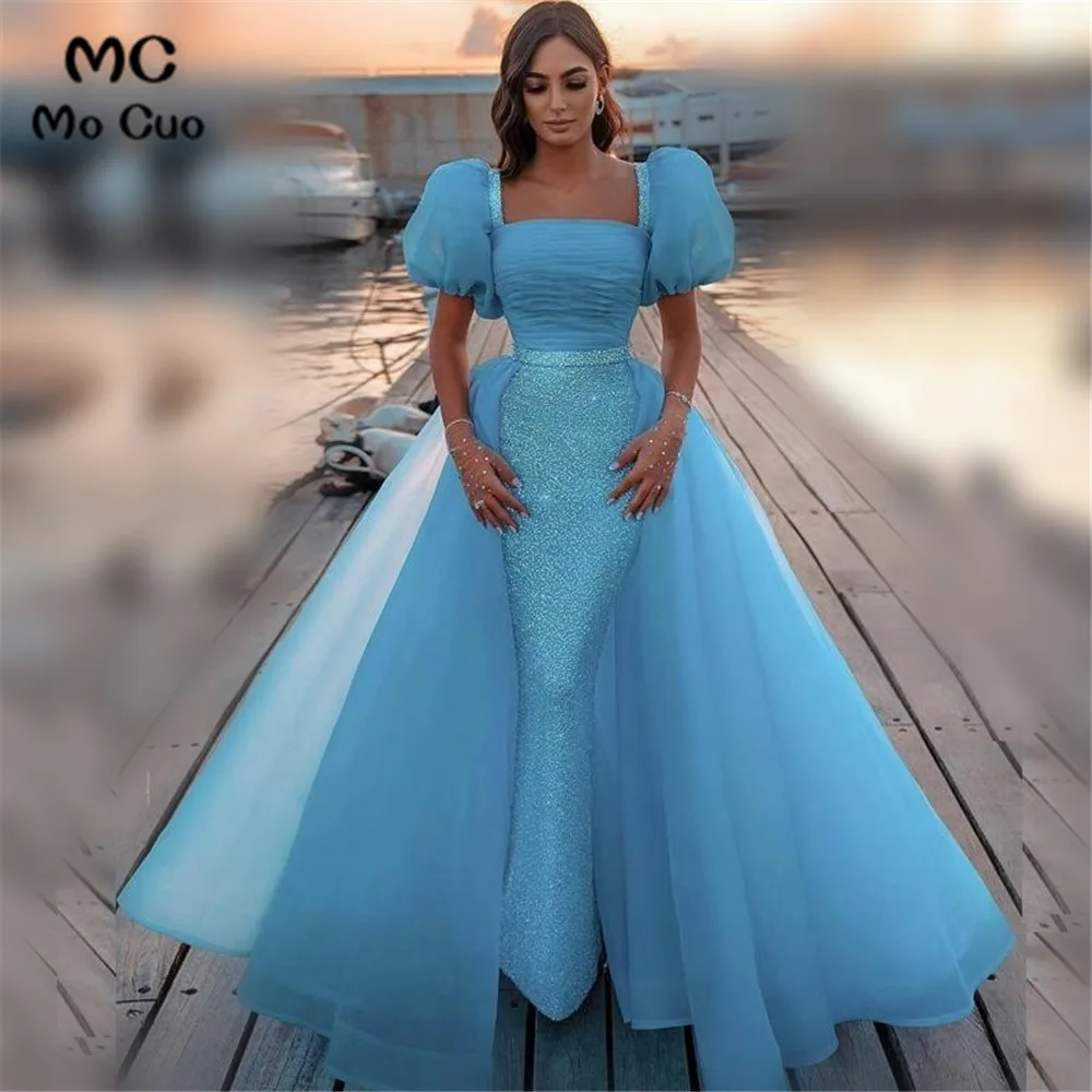 

2021 Blue Princess Mermaid Evening Dresses Attachable Train Puffy Short Sleeves Sequined Robe De Soiree Evening Party Prom Dress
