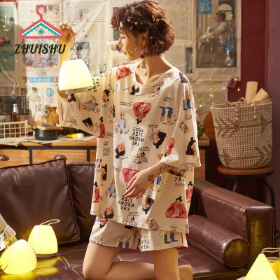 

ZHUISHU Summer Loose Casual Sleepwear Cute Summer Pajamas Set for Women Sleepwear T-Shirts +Shorts Print Girl Pjs Homewear R17