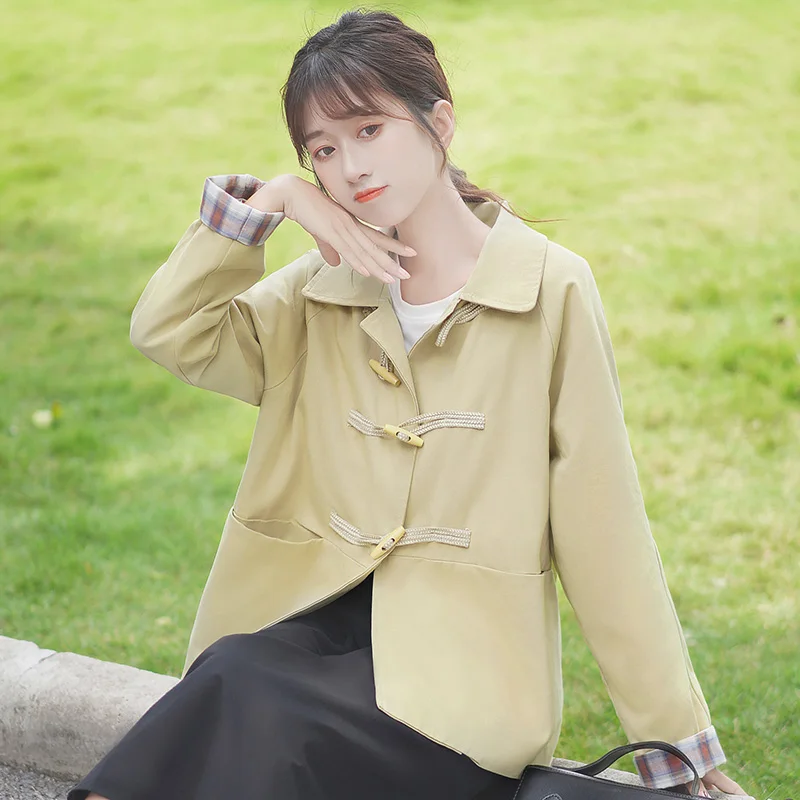 

Chic Khaki 2020 New Autumn and Winter Loose Top Horn Button Casual Jacket Polo Collar Versatile Short Coat Trendy Women
