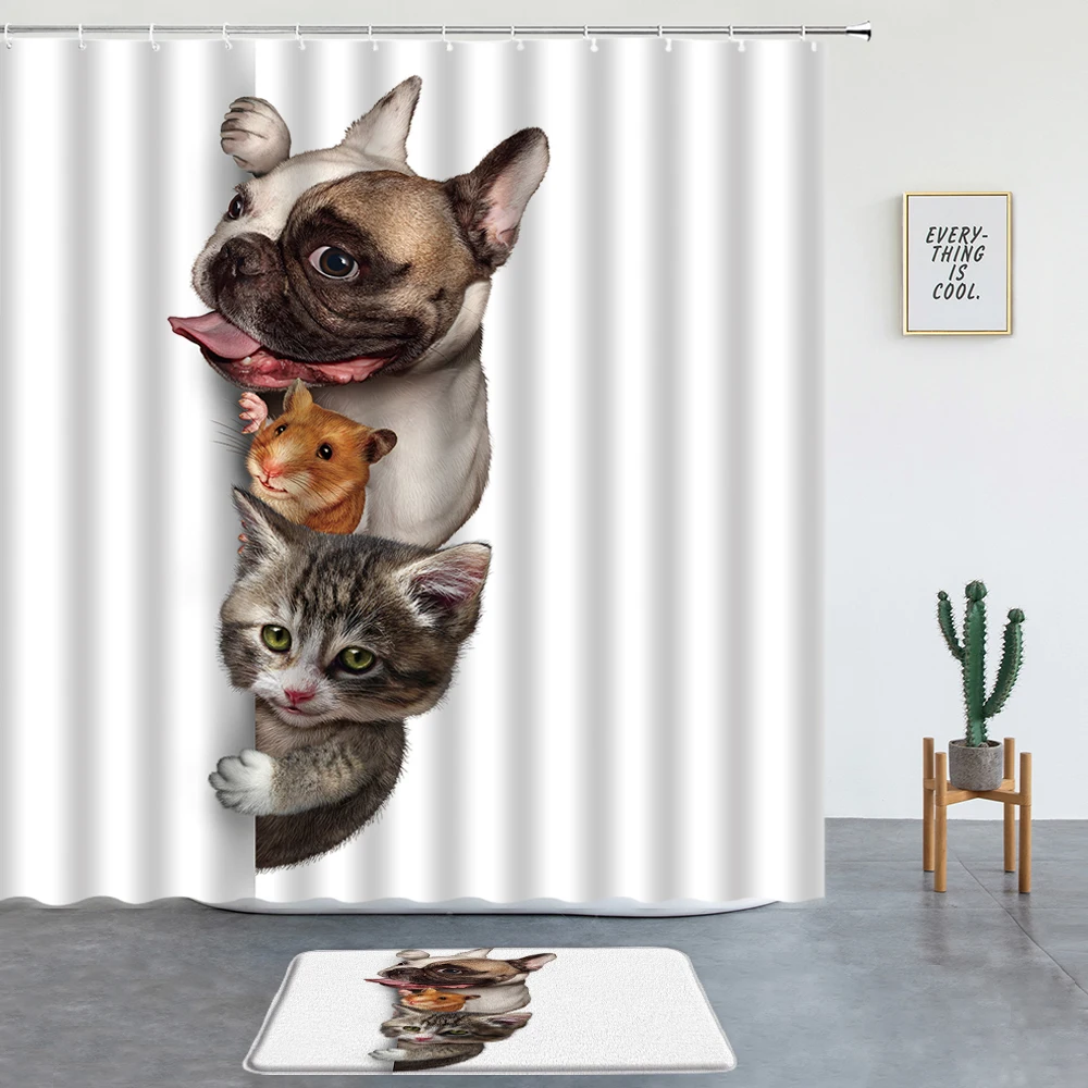 

Funny Cat And Dog Printing Shower Curtains Set Cute Animal Bathroom Decor Screen Bath Mats Entrance Door Mat Non-slip Rug Carpet