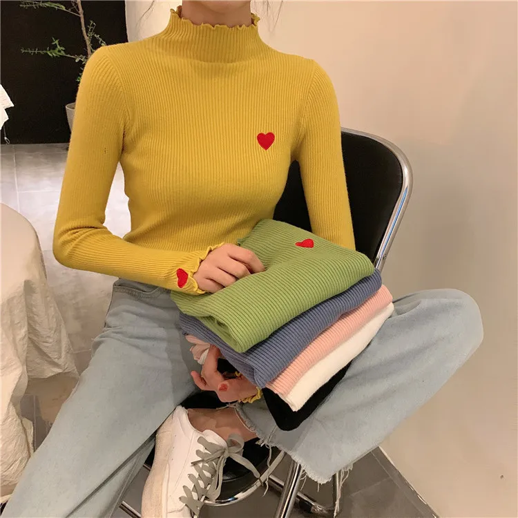 

Winter Women Embroidery Heart Sweaters New Fashion Solid Slim Turtleneck Knitted Jumpers Korean Chic Pullovers Warm Pull Femme