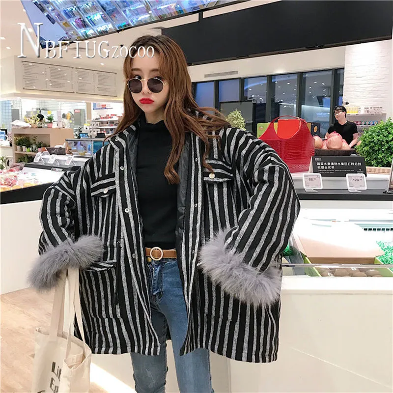 

Winter Women Parkas Korean Loose Stripe Drawstring Thick Female Overcoat