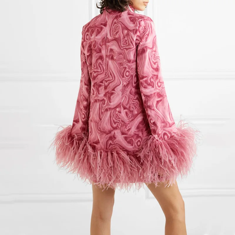 COLOREE Runway Designer Women Mini Dress Elegant Red/Green Ostrich feather Patchwork Dress Vintage Long Sleeve Autumn Dress
