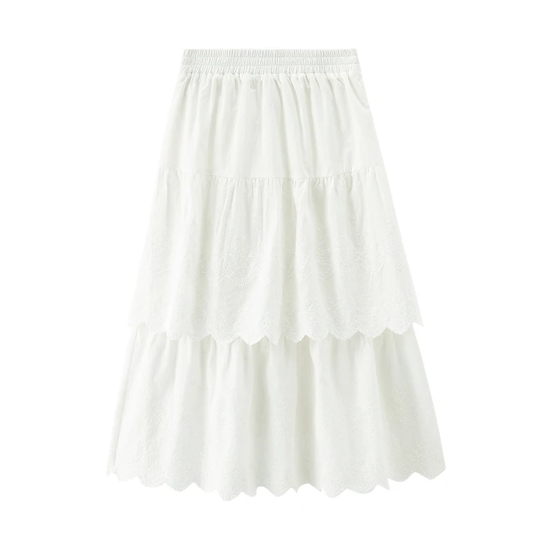 

INMAN 2021 Spring New Arrival White Mid Length Thin Embroidered A-Line Tassel Women's Skirt