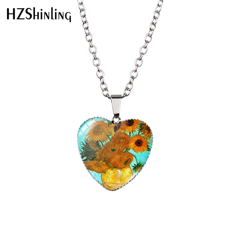 Buy 2020 New Vase with Sunflowers Necklace Glass Cabochon Jewelry Van Gogh Painting Heart Pendant Printed Photo Necklaces on