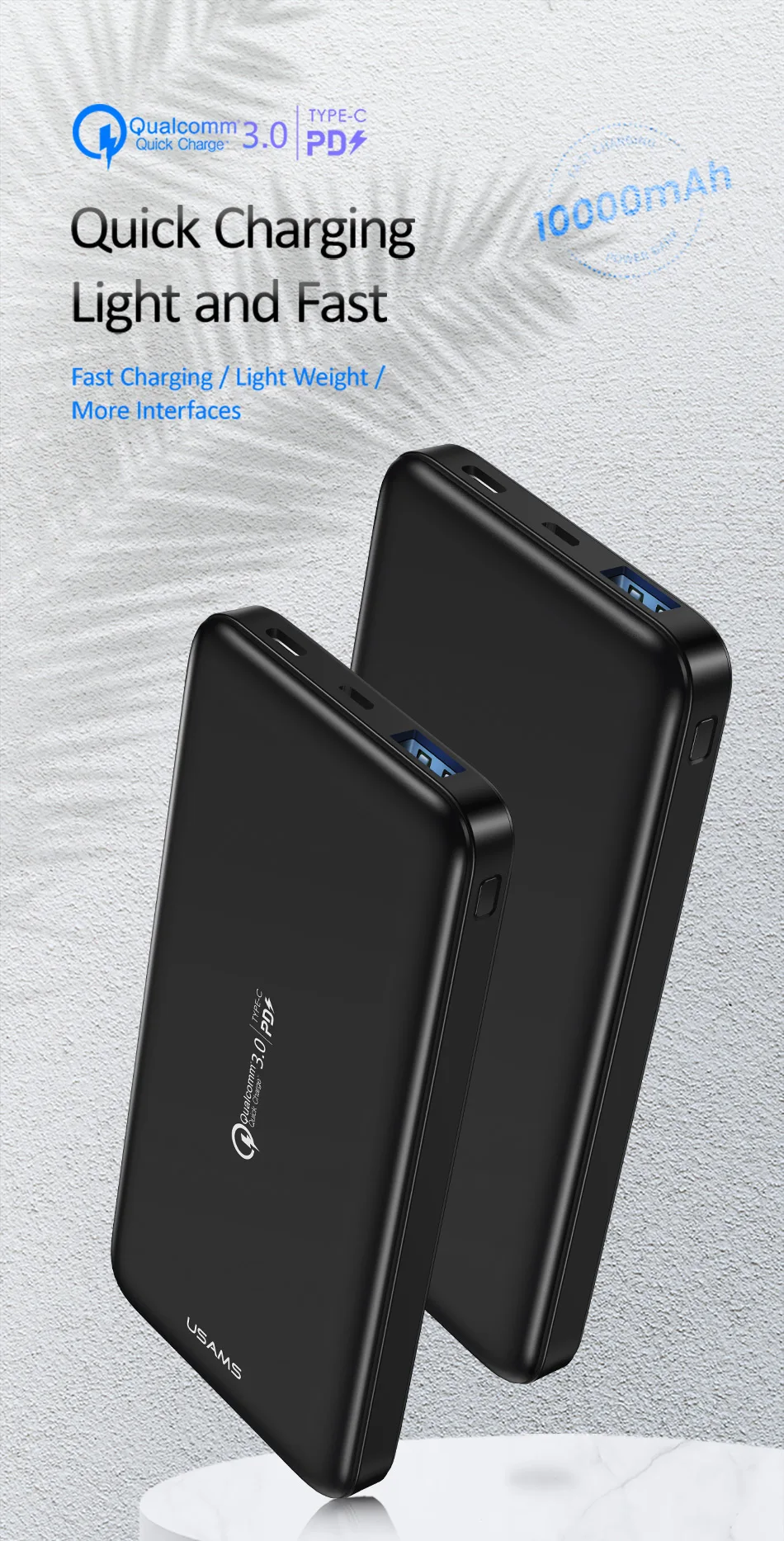 Quick charge power Bank, USAMS 10000 мАч PD Быстрая зарядка power Bank QC 3,0 power Bank type C USB зарядное устройство для iPhone Xiaomi 9 samsung