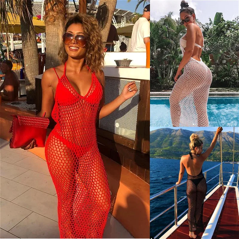 

2021 New Bikini Cover-Ups Women Mesh See Through Sleeveless Halter Sexy Beach Dress Summer Solid Fishnet Swimwear Cover ups