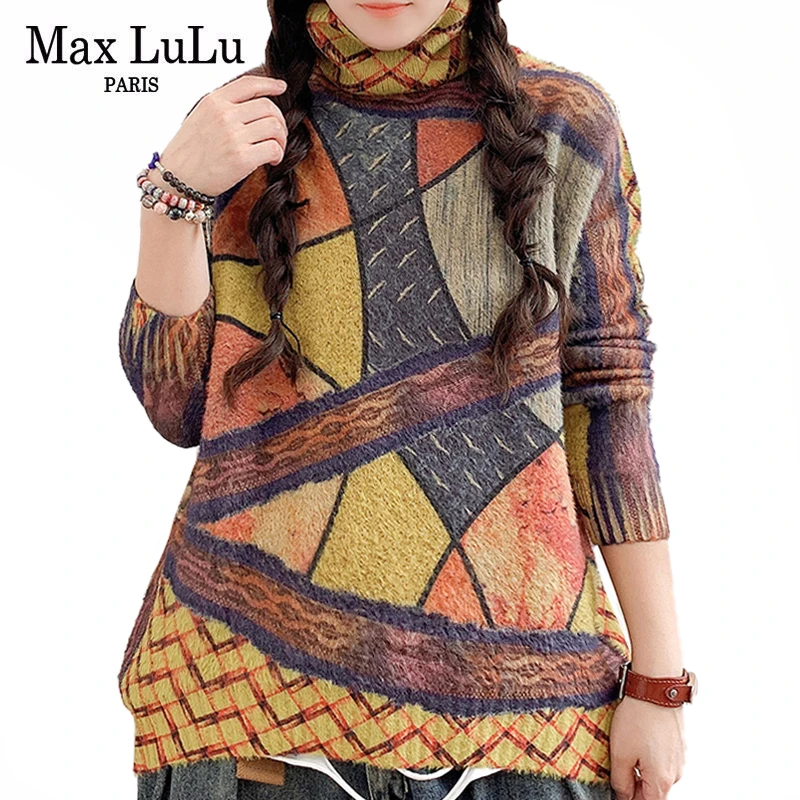 

Max LuLu 2021 Winter Womens Vintage Elegant Print Jumpers European Style Female Loose Casual Pullover Turtleneck Design Sweaters