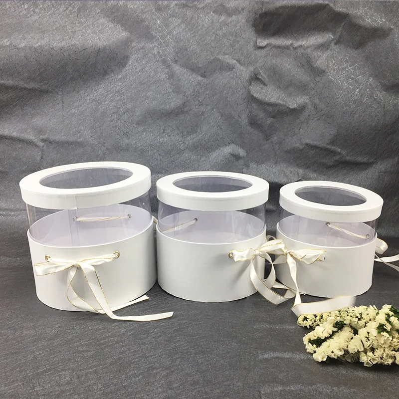 white round Креативная круглая квадратная полупрозрачная ПВХ Цветочная коробка, подарок на день рождения, украшение дома, упаковка, букет цветов, коробки - Цвет: white round