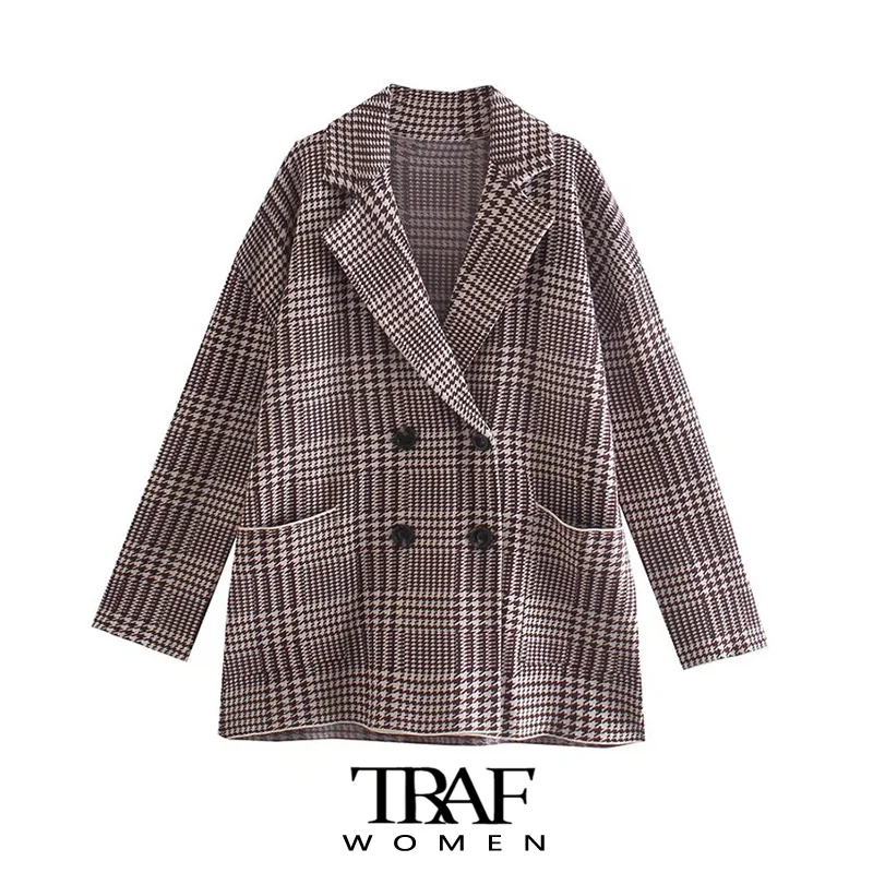 

TRAF Women Fashion Oversized Houndstooth Knit Blazer Coat Vintage Long Sleeve Patch Pocket Female Outerwear Chic Veste Femme