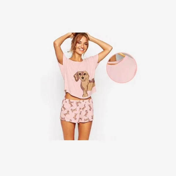 Women Pajamas Nightwear Corgi Print 2 Pieces Pajama Set Women Design Crop Top Shorts Stretchy Loose Tops Elastic Waist Casual - Цвет: Розовый