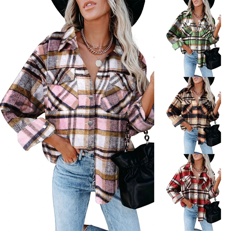 

Women Checked Fleece Oversized Baggy Collared Shirt Winter Autumn Jacket Shacket Ladies Long Sleeve Shirt Top Coat Tunic Outwear