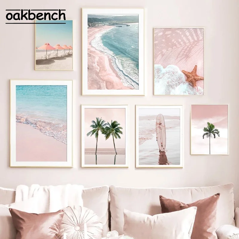 

Coastal Landscape Art Poster Pink Beach Canvas Painting Palm Tree Print Surfboard Posters Nordic Wall Pictures Living Room Decor