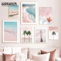 coastal landscape art poster pink beach canvas painting palm tree print surfboard posters nordic wall pictures living room decor
