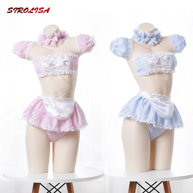 Kawaii Dress Girls Candy Sweetheart Cosplay Maid Strapless Lace Plaid Underwear Set Anime Sexy Camisoles & Skirt Lingerie Set