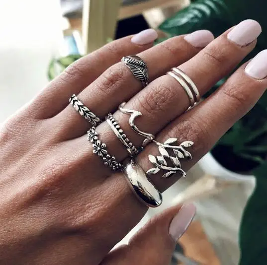 

9pcs/set New Design Silver Color Leaf Flower Geometric Rings Set Women Fashion Joint Ring Female Jewelry Bohemian Knuckle Rings