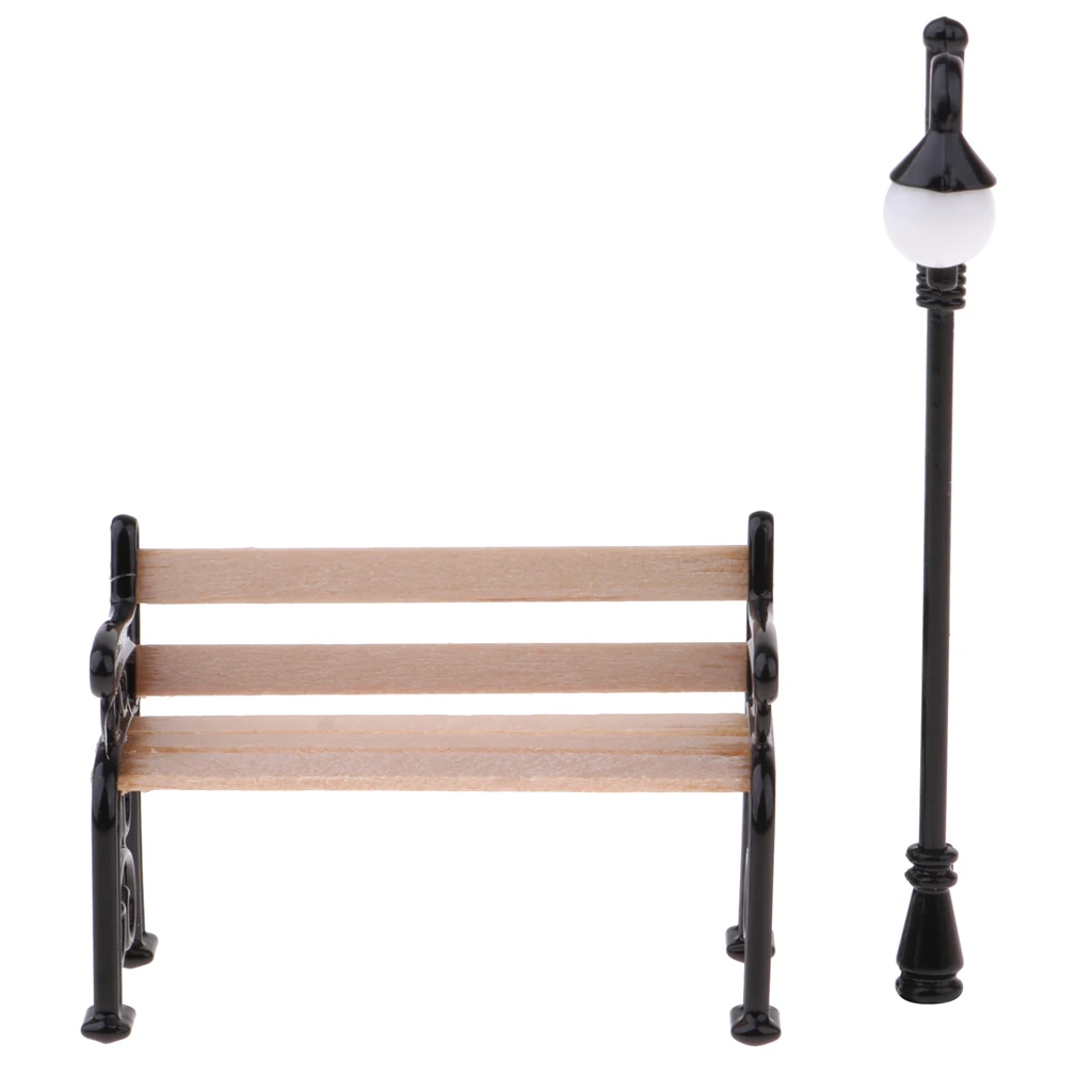 

Wooden Park Bench & Street Lamp Model for 1:12 Dollhouse Garden Furniture Miniature Decoration