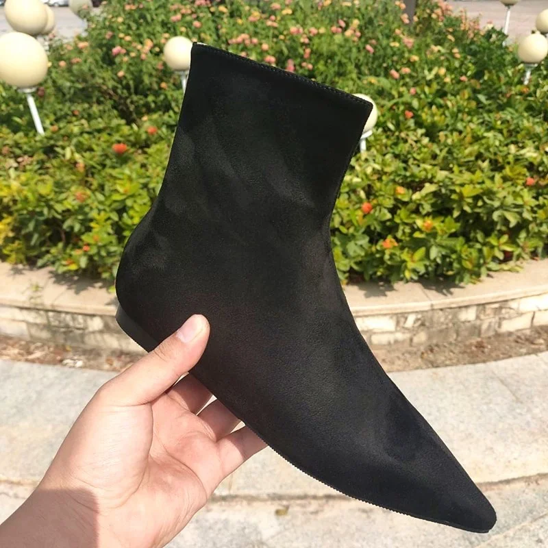 

Thin Autumn Women Plus Velvet Pointed Flat With Short Boots Wild Black Suede Martin Ankle Booties Shoes Woman Botas