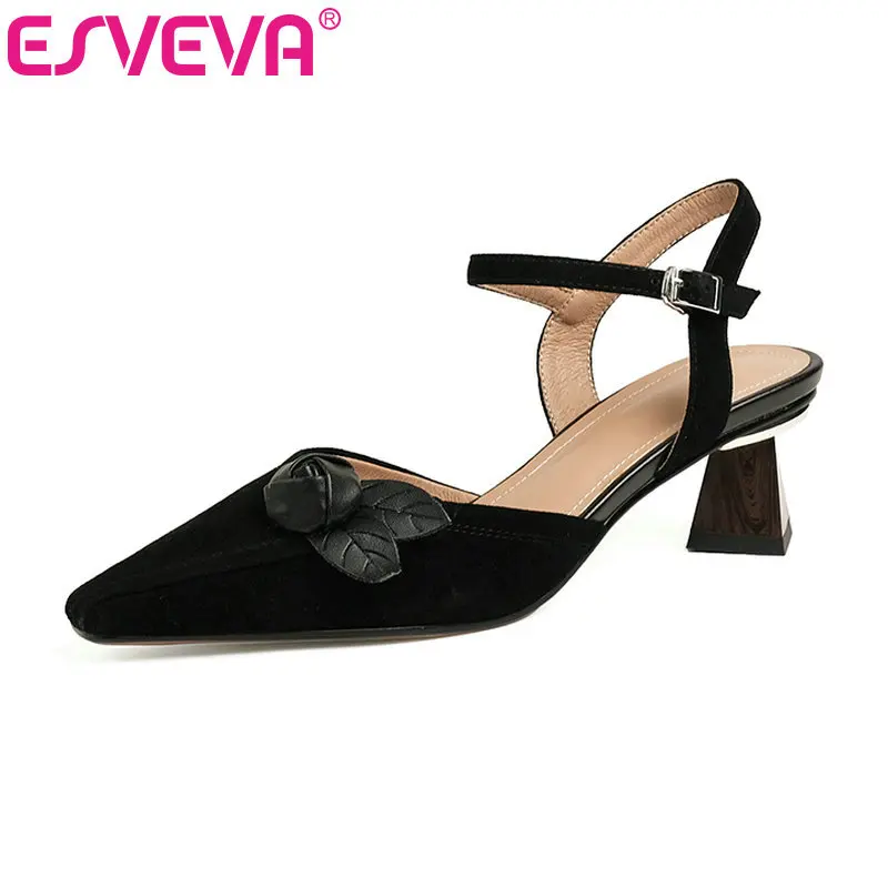 ESVEVA 2021 Thick High Heel Buckle Summer Sandals Cow Leather Kid Suede Female Pumps Pointed Toe Elegant Women Shoes Size 34-39