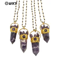 WT-N1274 WKT Factory Price Lady Purple Natural Stone Necklace With Gold Plated Trendy Hexagon A-methyst Stone Rosary Necklace