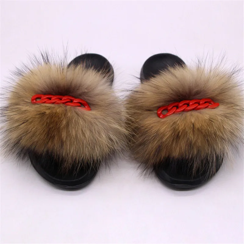 

Furry Fur Slippers Fluffy Flip Flops Designer Chain Real Fox Fur Slides Ladies House Plush Slippers Women Summer Flat Sandals