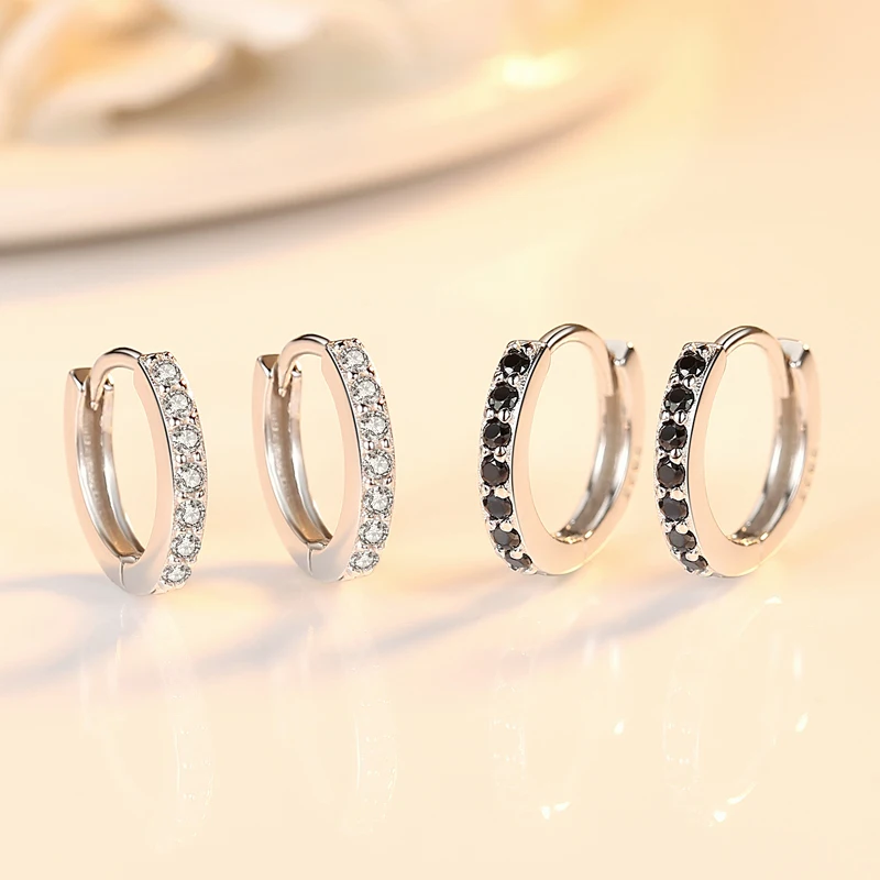 

Simple Female Black Crystal Stone Earrings Classic Sterling Silver Hoop Earrings For Women Dainty Bridal Round Wedding Earrings