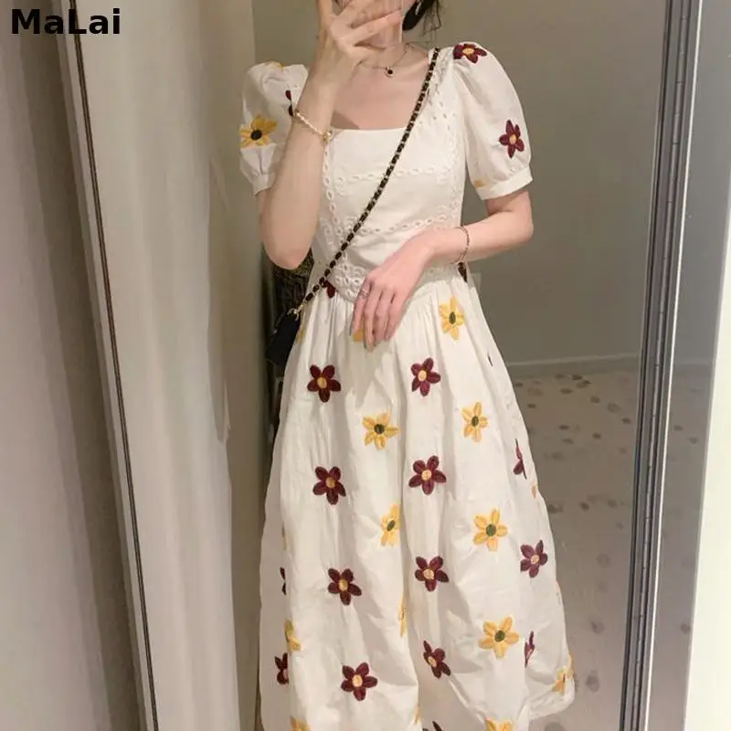 

Женское винтажное офисное платье, элегантное белое платье миди с высокой талией, круглым вырезом и пышными рукавами, в Корейском стиле, лето...