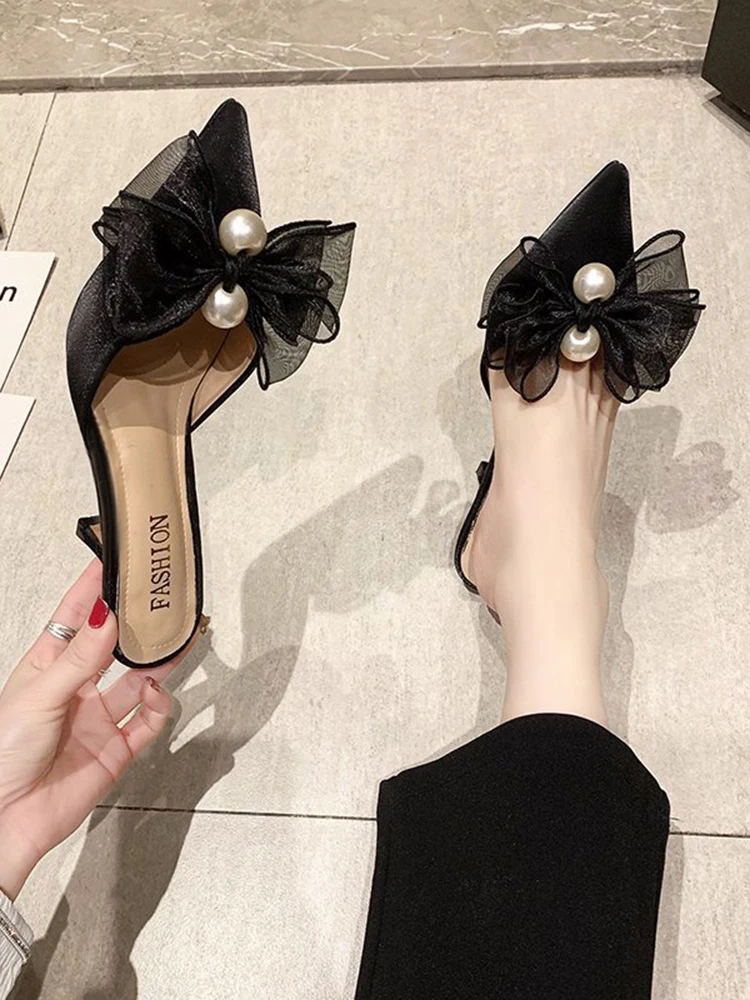 

Slippers Women Summer Thin Heels Shoes Cover Toe Slides Butterfly-Knot Heeled Mules String Bead Pantofle Pointed High 2021 PU Pu