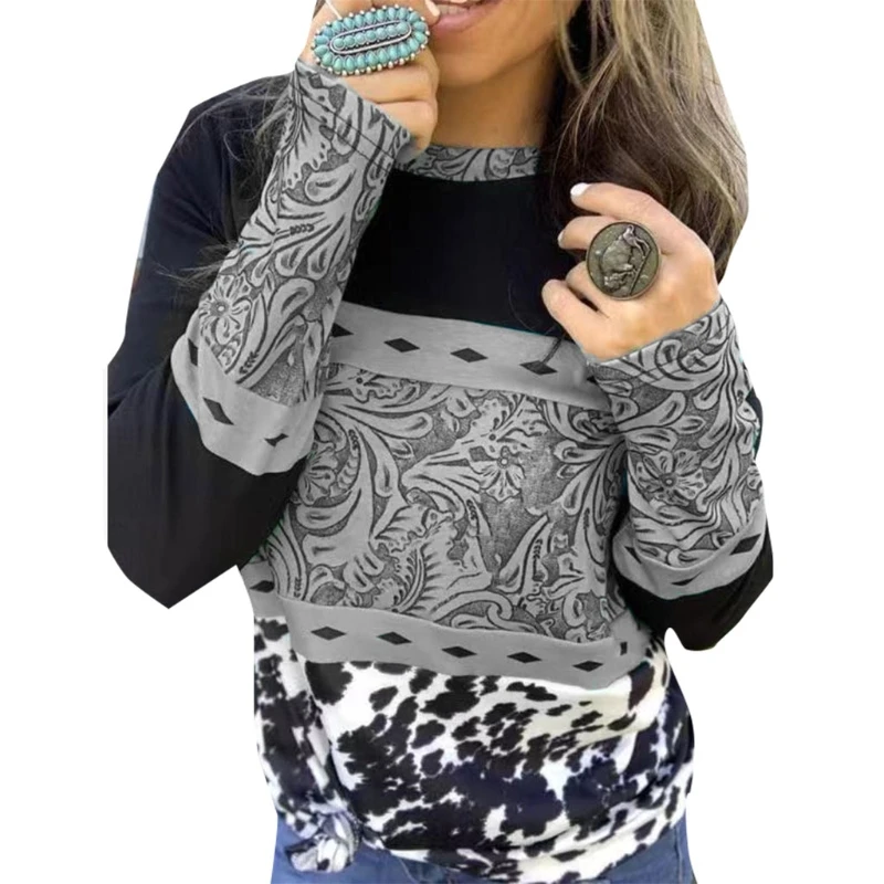 

Women Color Block Long Sleeve T-Shirt Ethnic Floral Leopard Print Patchwork Pullover Tunic Tops Round Neck Casual Loose BX0A