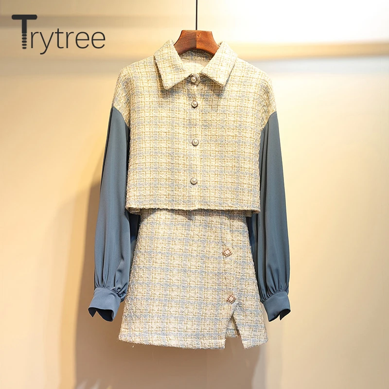 Trytree/2019 осенне зимний женский костюм из двух предметов повседневный топ в клетку