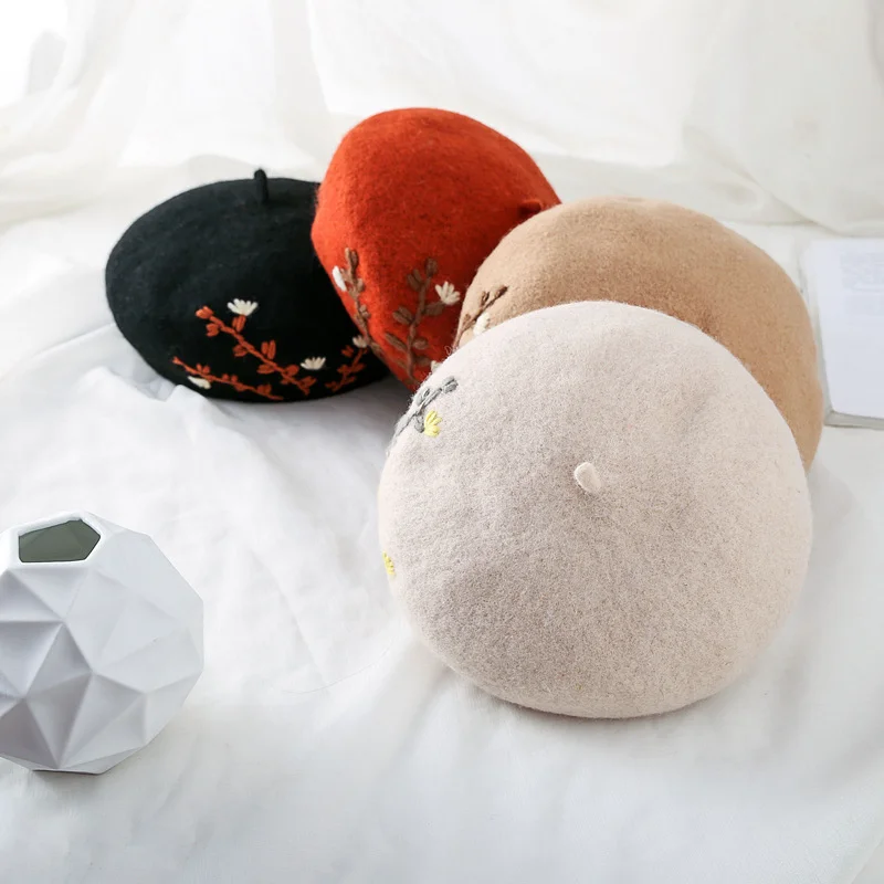 Embroidered Flower Wool Beret Korean Autumn Winter Hats For Women Ladies Painter Cap Vintage Bonnet Beanie Chapeau Femme | Аксессуары