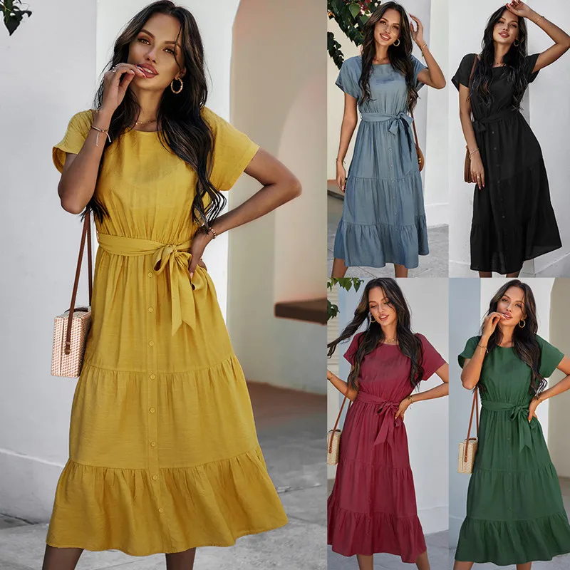

New Ladies Vintage Solid Long Dress Women Casual Slim Fashion Ruffles High Waist Beach Summer Women Dress Female Vestidos Mujer