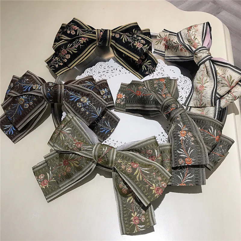 

Korean Hair Clip Pin Retro Large Bow Embroidered Flowers Spring Clip Female Hairpin National Wedding Party Girl Hair Accessories