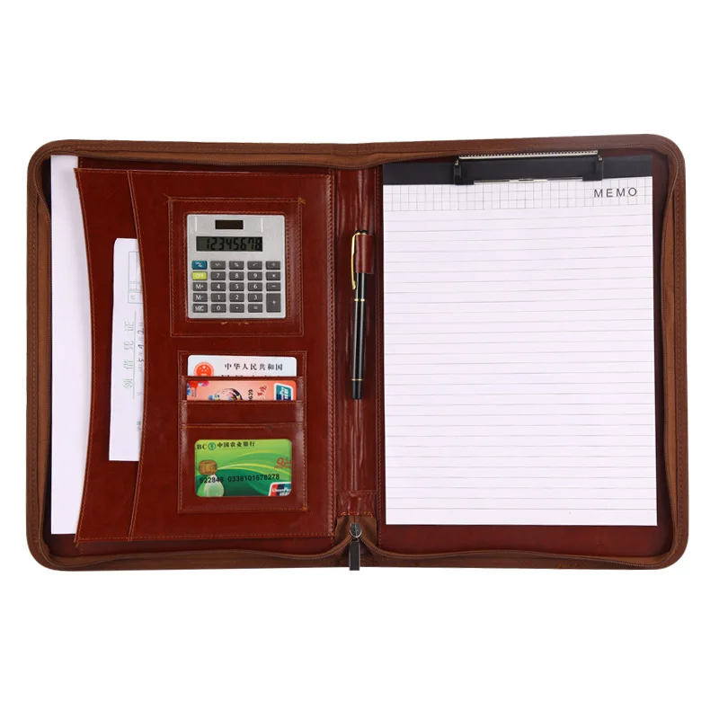 

A4 Fichario Document File Folder Binder Padfolio Briefcase Notebook with Calculator Handle Zipper PU Leather Office Manager Bag