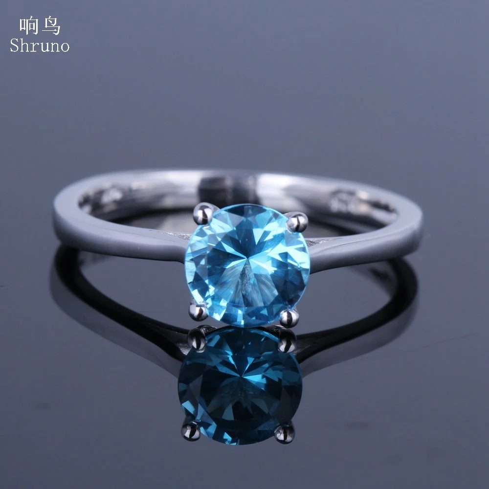 

Shruno Sterling Silver 925 Flawless 6.5mm Genuine Swiss Blue Topaz Solitaire Engagement Wedding Ring Women Gemstone Ring
