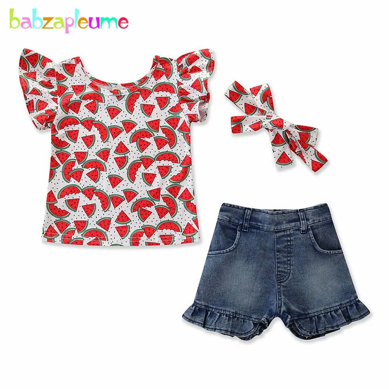 

3Piece/1-6Years/Summer Outfits Boutique Kids Clothing Set Cute Cartoon Watermelon T-shirt+Denim Shorts Baby Girls Clothes BC1760