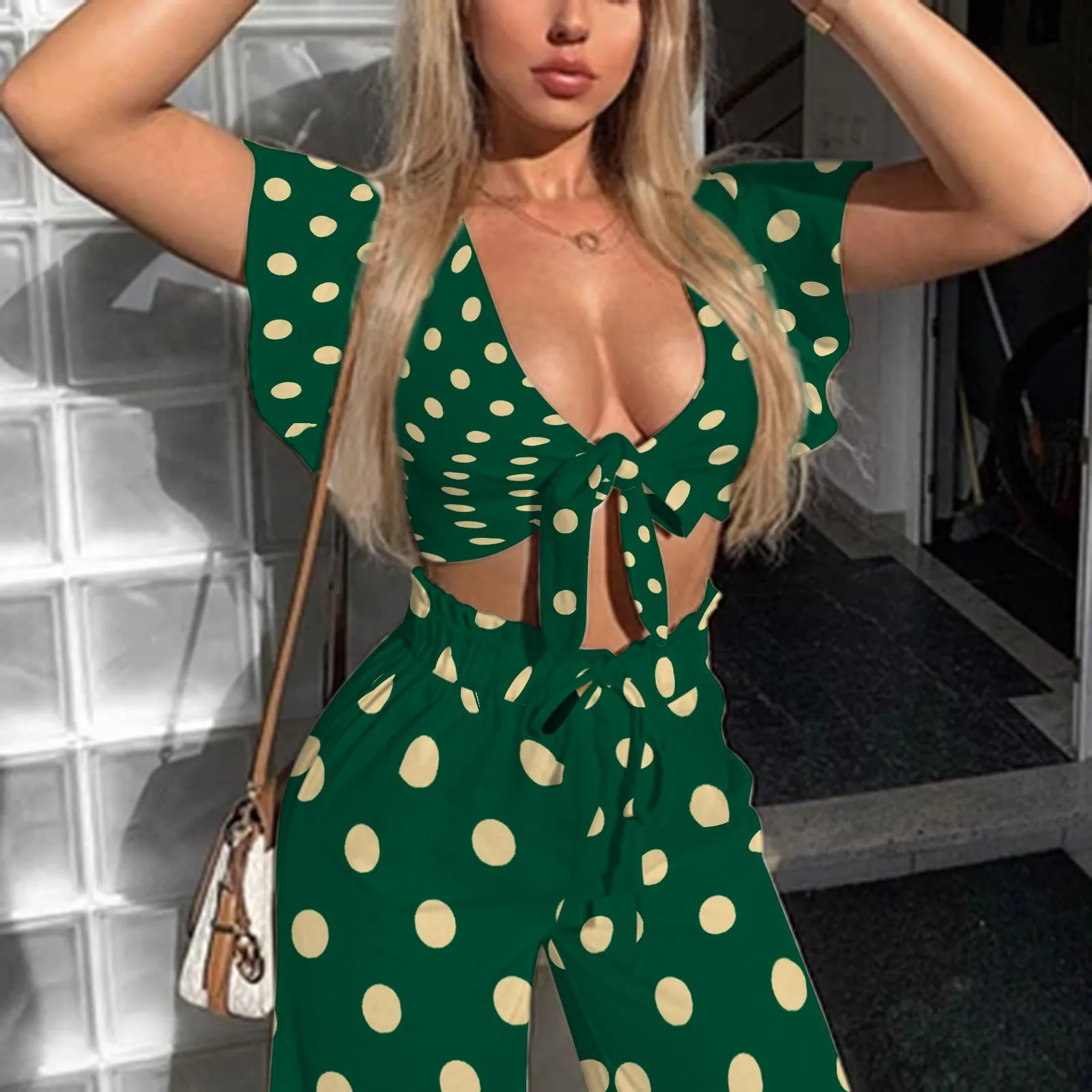 

Women's Suit V-neck Ruffle Sleeves Loose Pants Solid Color Two-Piece