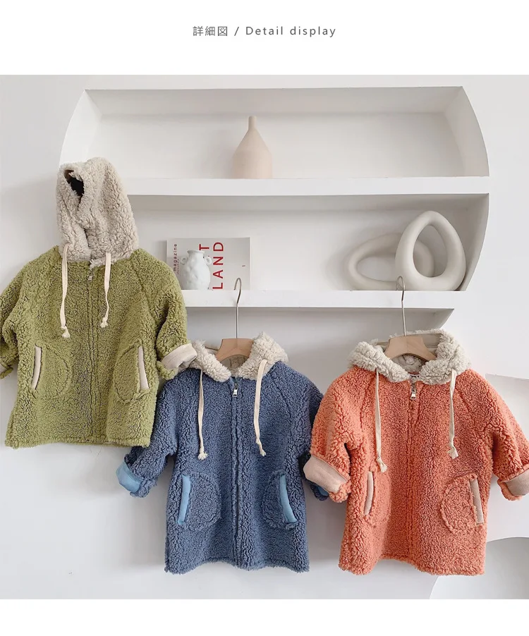 Winter fashion boys girls woolen hooded thick zipper jackets chilren loose oversized coats kids outwear
