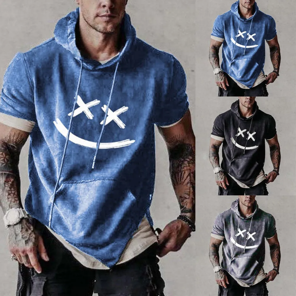 

2021 Summer Casual Loose Hoodies Sweatshirt Men Fashion Smiler Print Hooded Tops Retro Pullover Streetwear Male Short Sleeve