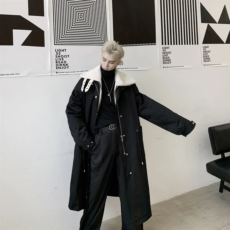

Male Streetwear Hip Hop Jacket Outerwear Men Winter Splice Lambswool Collar Loose Long Parka Overcoat Cotton Padded Trench Coat