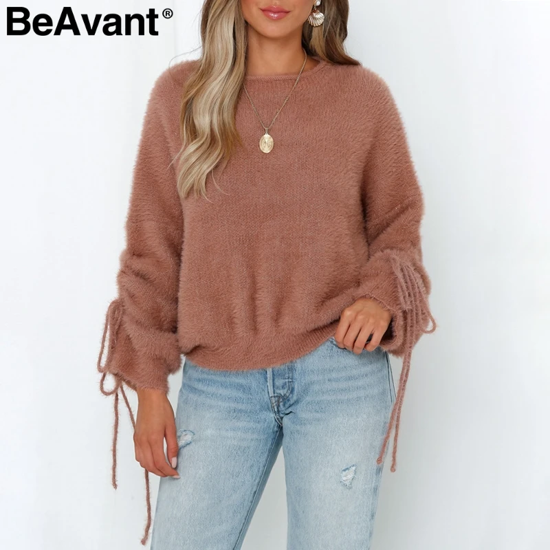 BeAvant O-neck soft mohair pullover sweater Women drawstring drop sleeve sweaters Casual streetwear knitted jumpers female tops | Женская