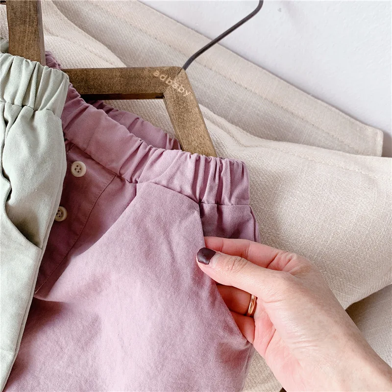 

Knee Trousers Girls children's Clothing 2021 Summer New Products mid-pants Button Solid Color Cotton Harem Pants Kids20511