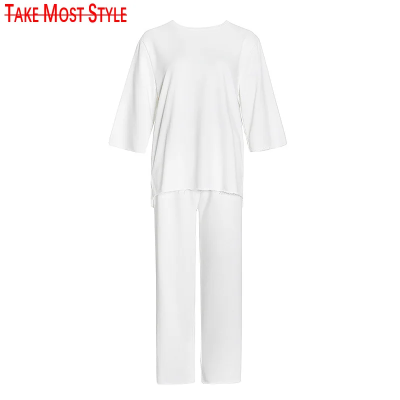 

2021 Summer Black And White Loose Two Piece Set For Women O Neck Short Sleeve T Shirt High Waist Wide Leg Pants Casual Sets
