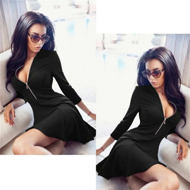 

2021 Spring Autumn Fashion Women Bust Zippers Dress Solid Pleated V-neck Sexy Ladies Dresses Evening Party Bodycon Mini Vestidos