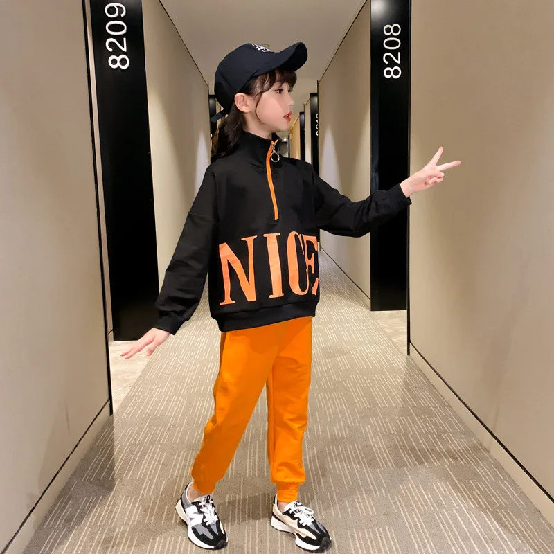 

Elegant Spring Autumn Warm Children Girls Suit Sweatshirts Pants 2Pcs/Sets White Black Clothing Kids Sport School High Quality