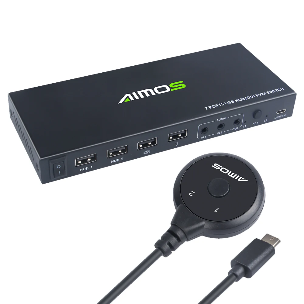 

AIMOS 2 in 1 Out DVI KVM Switch Dual Displays Support 1920*1200@60Hz/2 USB2.0 HUB/Mouse Keyboard Sharing/Audio in & Out Black