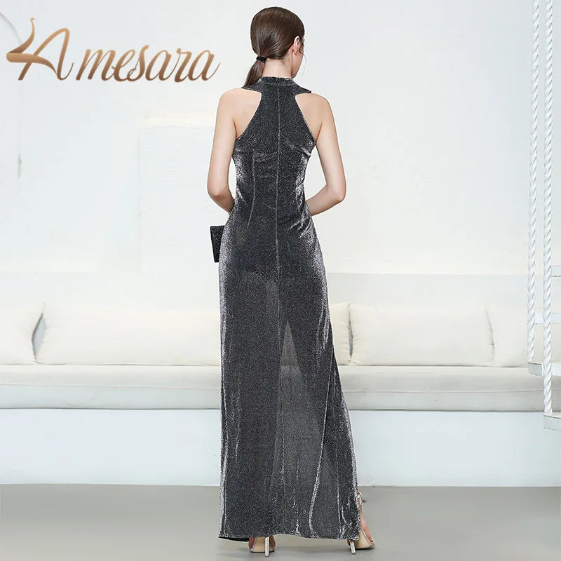 Платье женское вечернее длинное из хлопка без рукавов с лямкой на шее|Женские