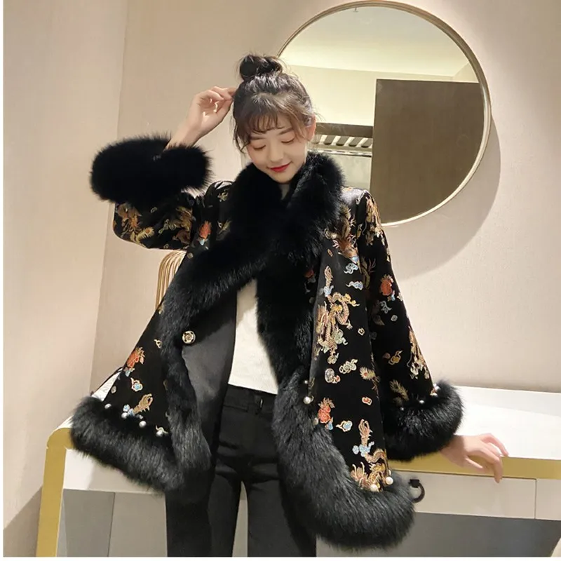 Nagodo Fur Coat Women 2020 New Winter Chinese Style Fake Fur Coat Satin Bead Fox Fur overcoat Fourrure Femme Casaco Pelo