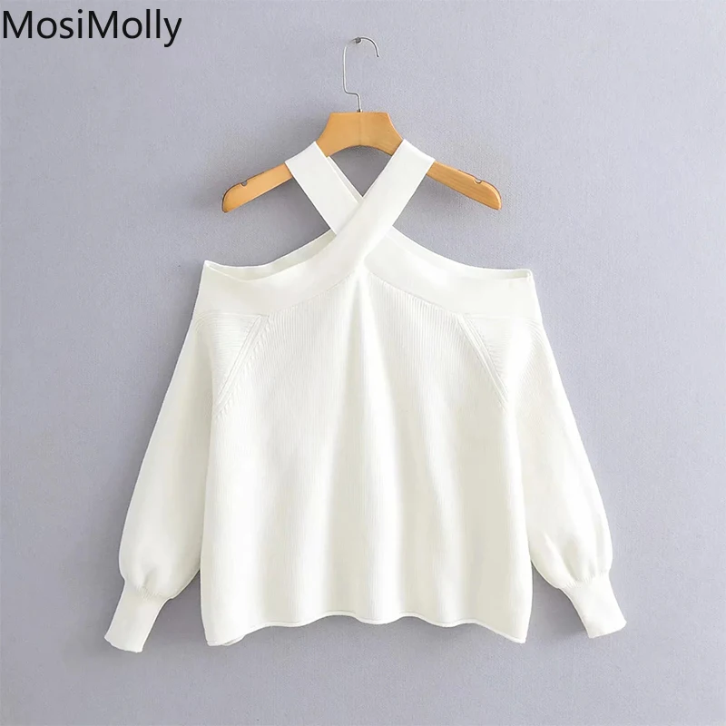 

MosiMolly Sexy Halter Sweater Jumper Pullovers Women Winter Cold Shoulder Sweater Knitting 2021 AW