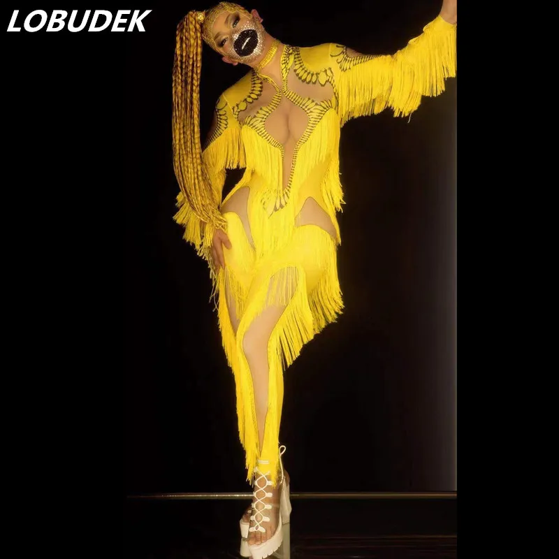 

Yellow Tassel Rhinestones Stretch Skinny Jumpsuit Long Sleeve Spandex Fringe Printed Leotard Stage Wear Nightclub Party Costume